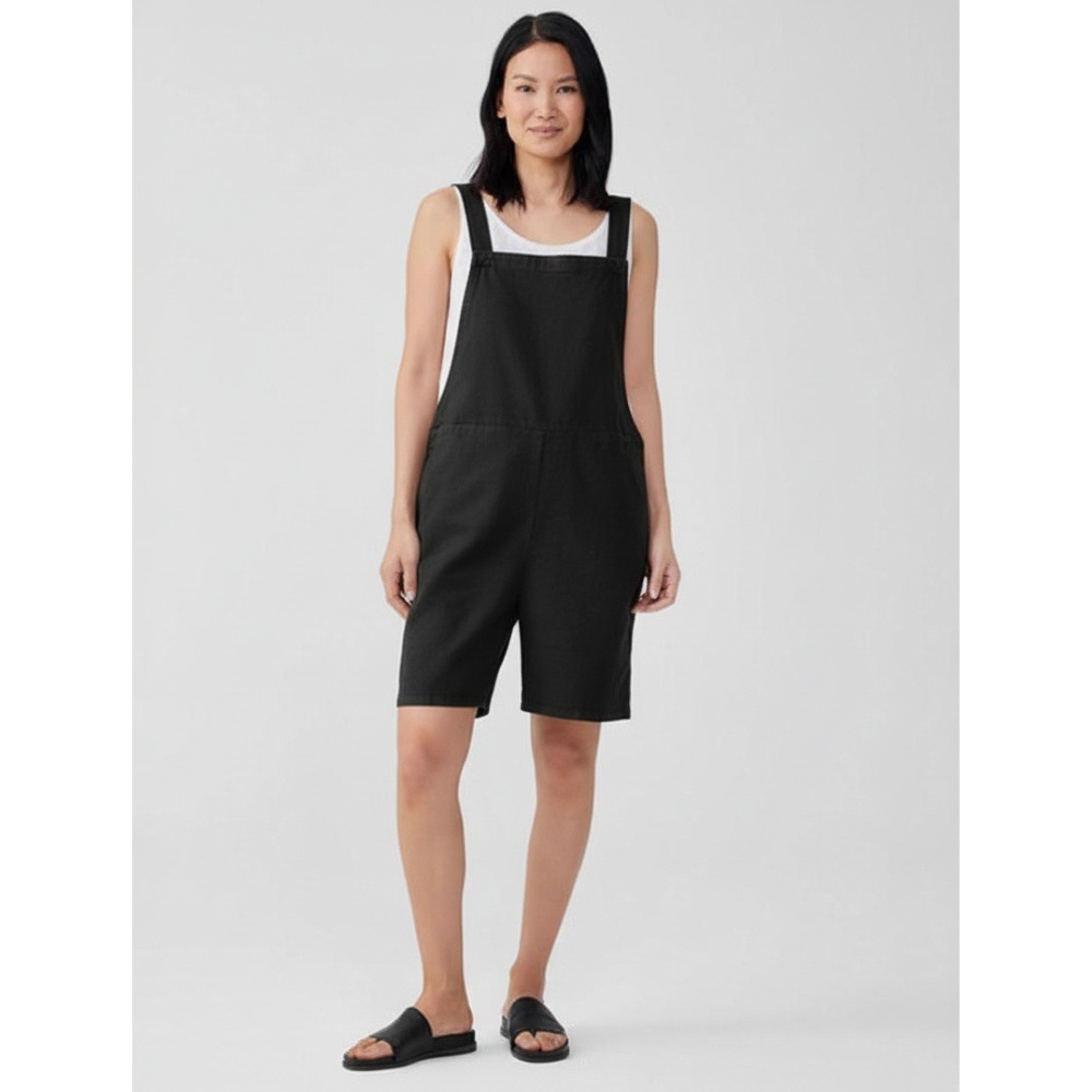 NWT Eileen Fisher Cotton Hemp‎ Stretch Short Overalls XL Black